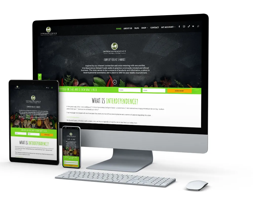 Interdependence Foods: website on desktop, tablet and phone