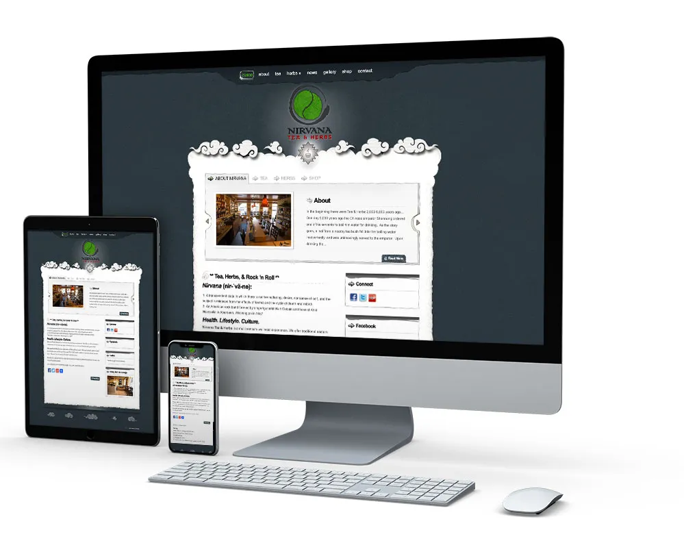 Nirvana Tea & Herbs: website on desktop, tablet and phone